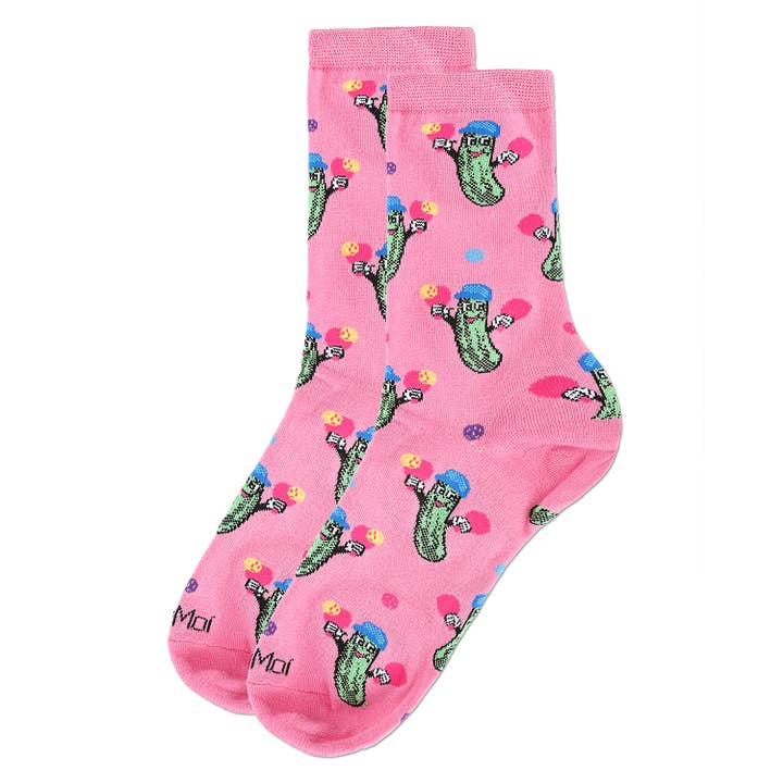 Women's Bamboo Crew Socks Fuchsia Pink Pickle Ball