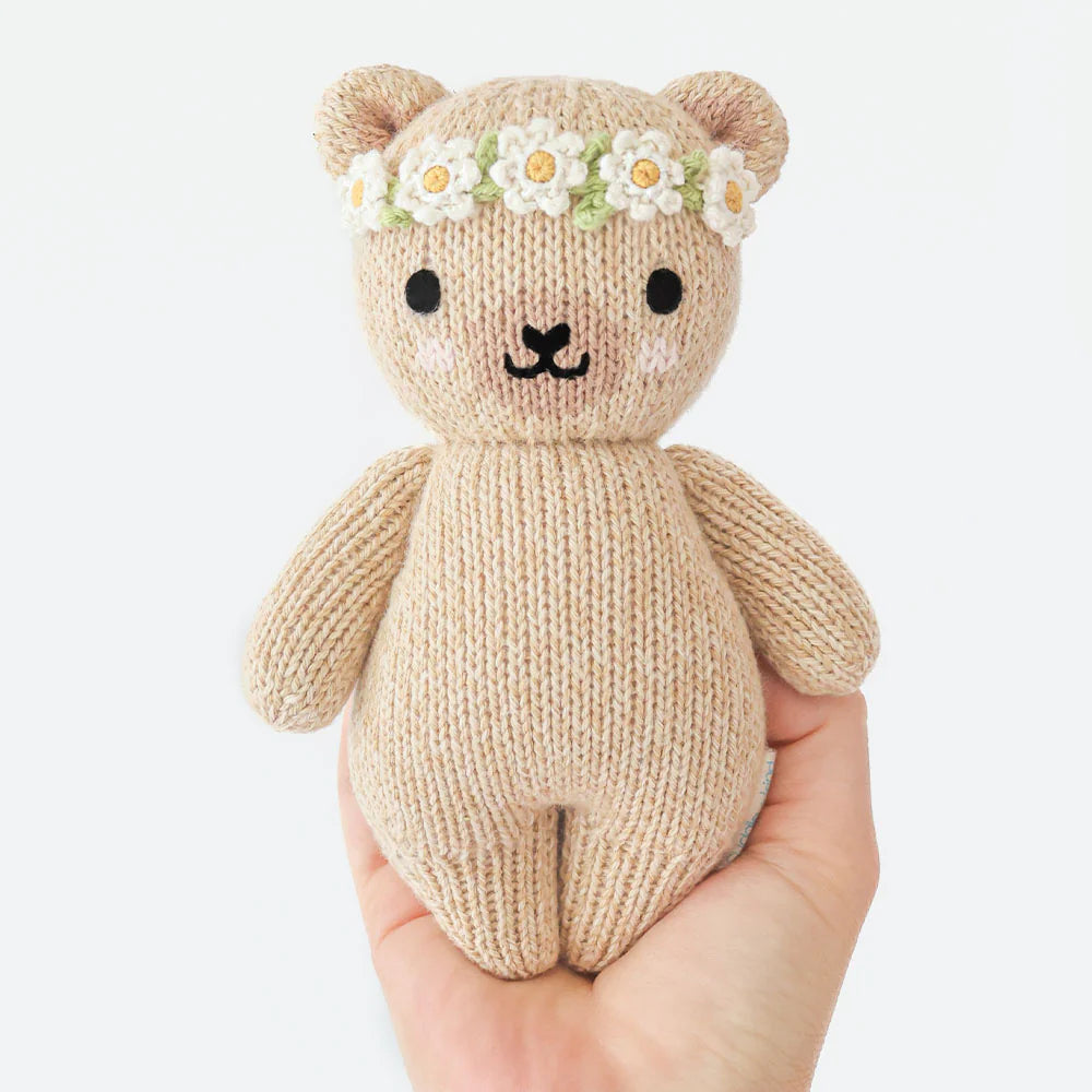 Baby Honey Bear Ivory Floral Hand-Knit Doll