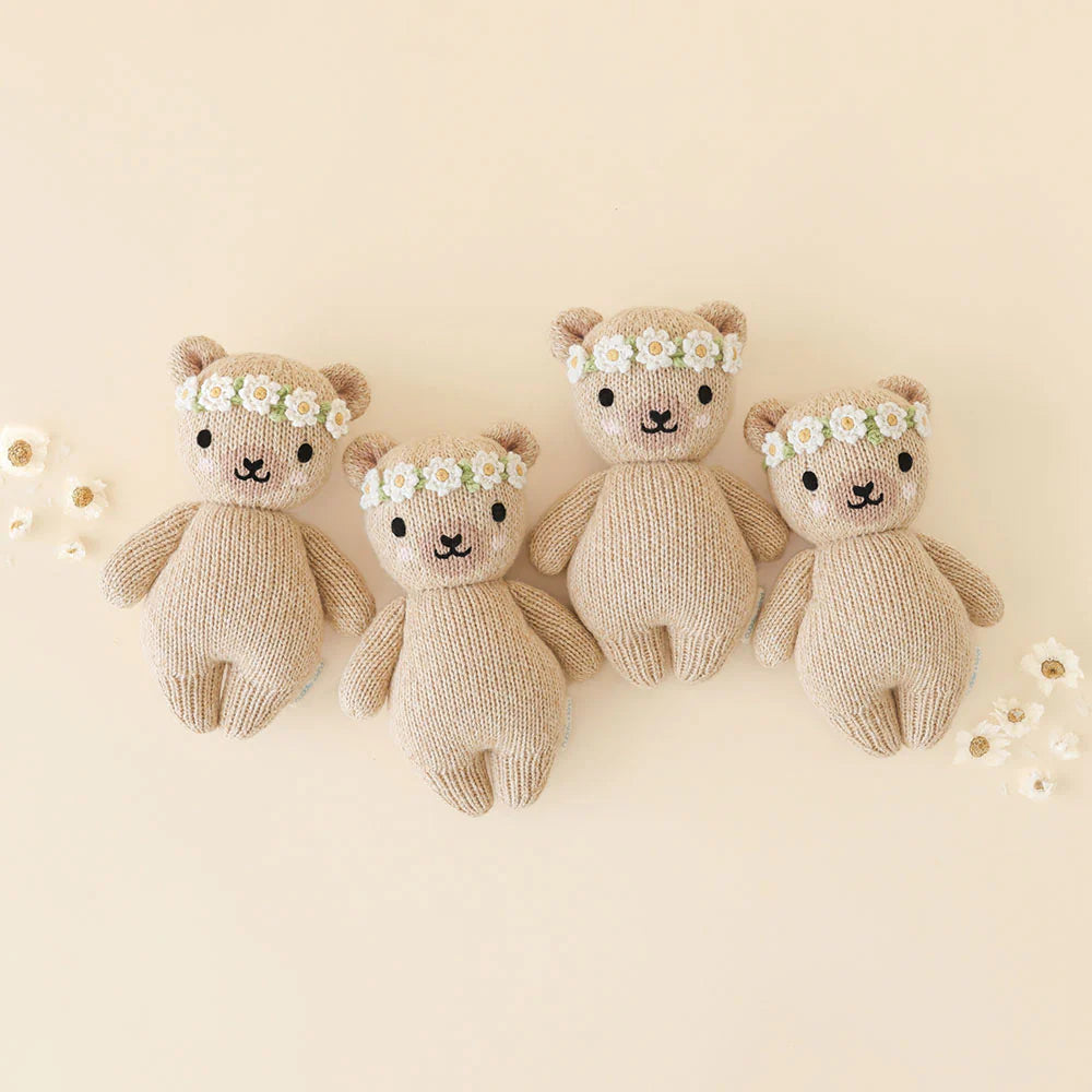 Baby Honey Bear Ivory Floral Hand-Knit Doll