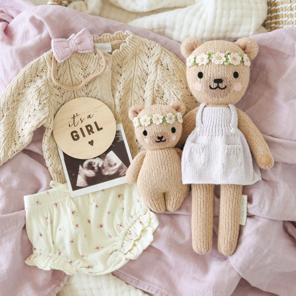Baby Honey Bear Ivory Floral Hand-Knit Doll