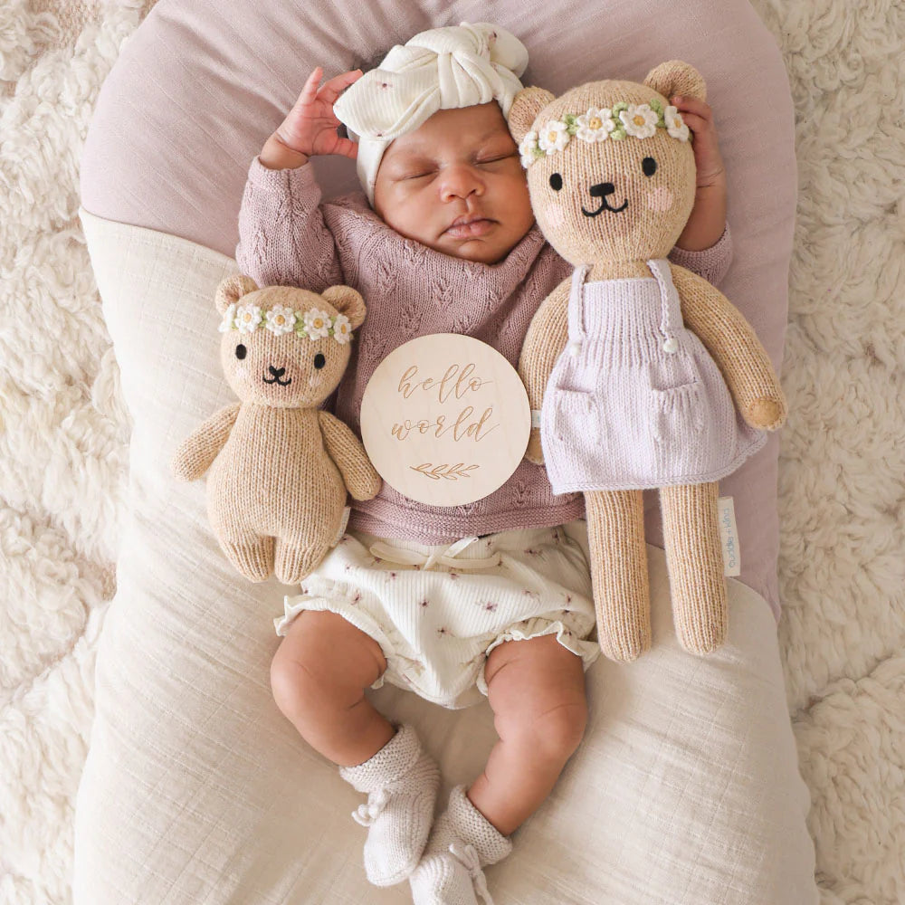 Baby Honey Bear Ivory Floral Hand-Knit Doll