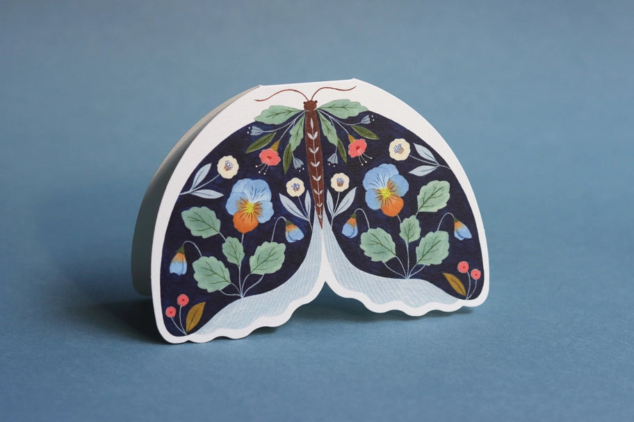 Floral Moth shaped card - Blue