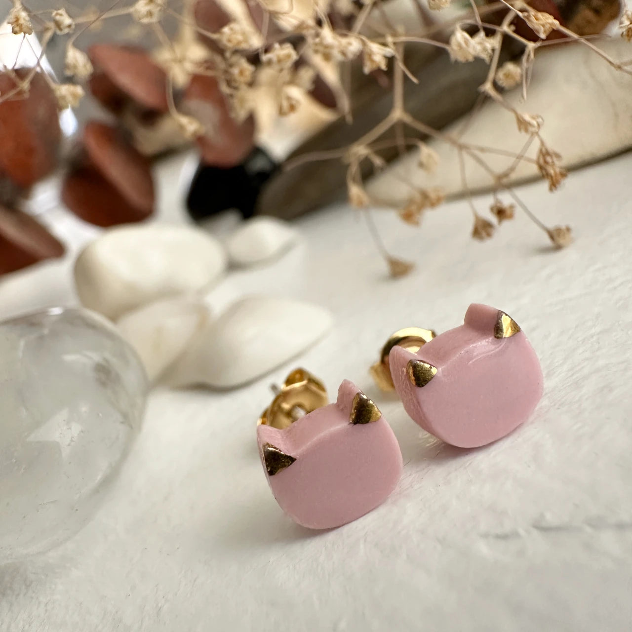 Mew Porcelain Cat Face Stud Earrings Pink