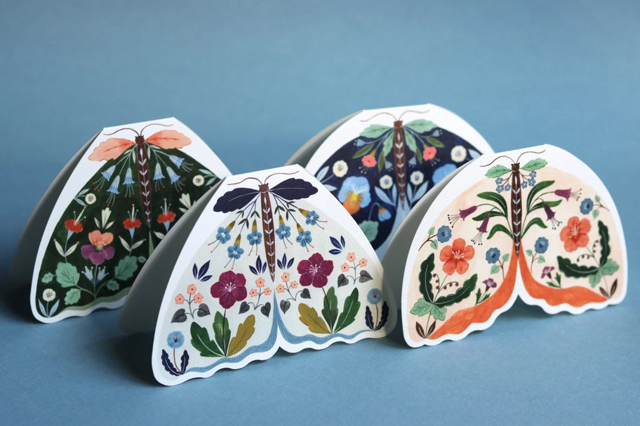 Floral Moth shaped card - Blue