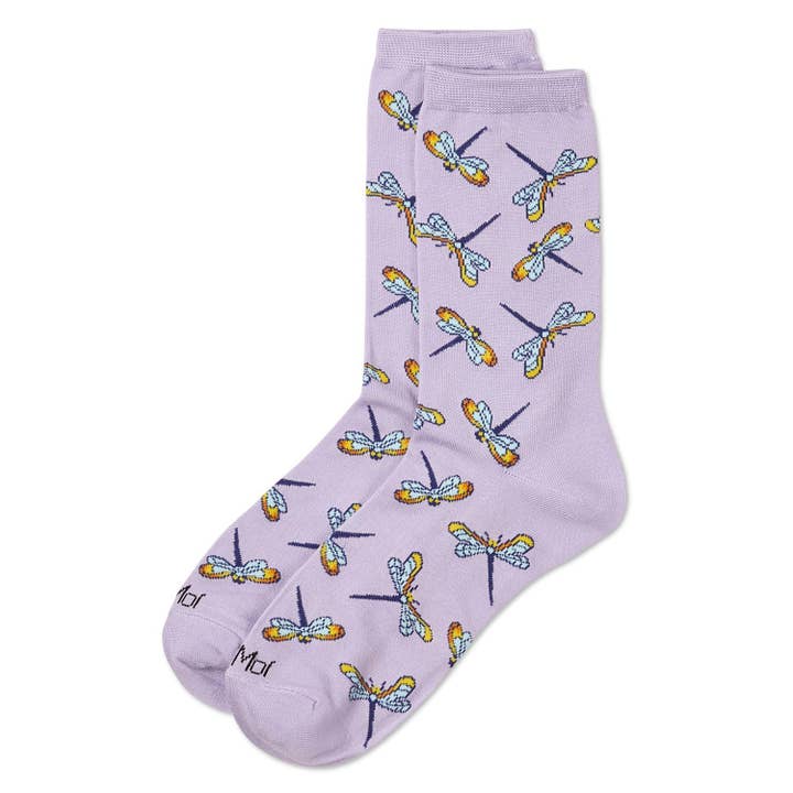Women's Bamboo Crew Socks Lavender Drangonflies