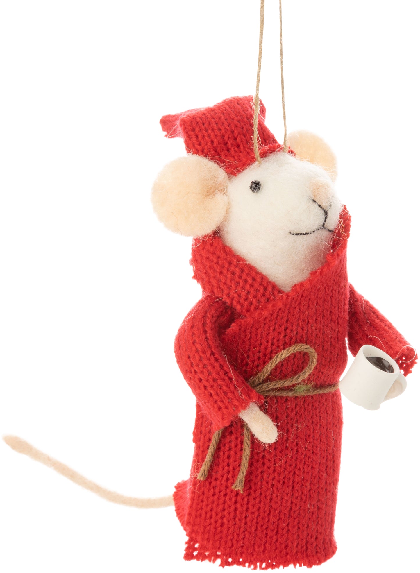 F20 - Felt Mouse In Red House Coat And Night Cap With Coffee Ornament