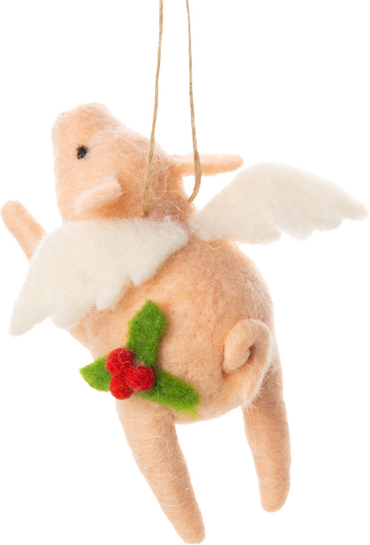 F11 - Felt Flying Pig Angel With Holly Trim Ornament