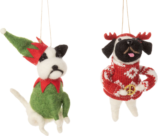 F18 - Felt Dogs In Christmas Outfit Ornaments