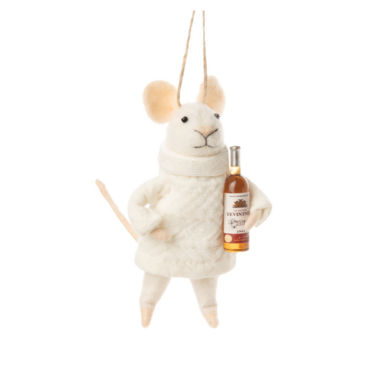 F17 - Felt Mouse In White Knit Sweater With Gift Of Red Wine Ornament