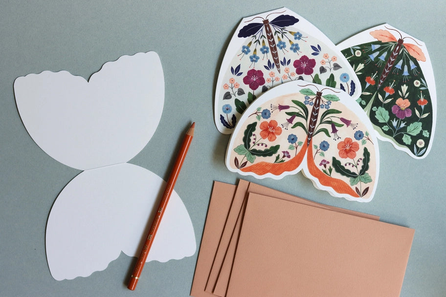 Floral Moth shaped card - Blue