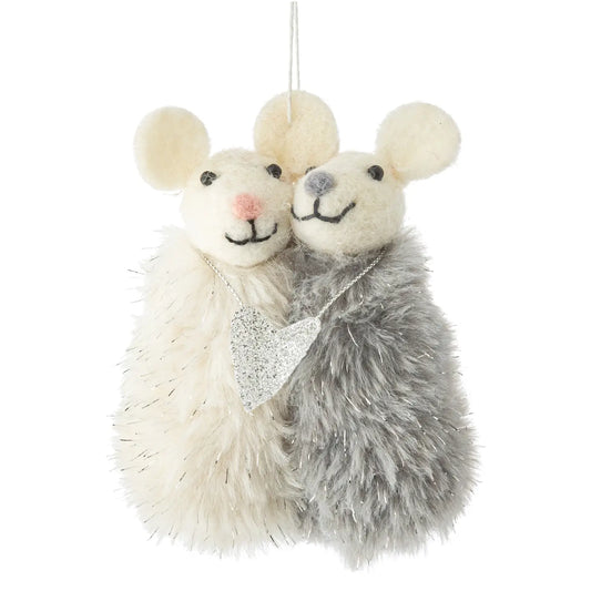 F4 - White/Grey Plush Mice Hugging With Silver Heart Ornament