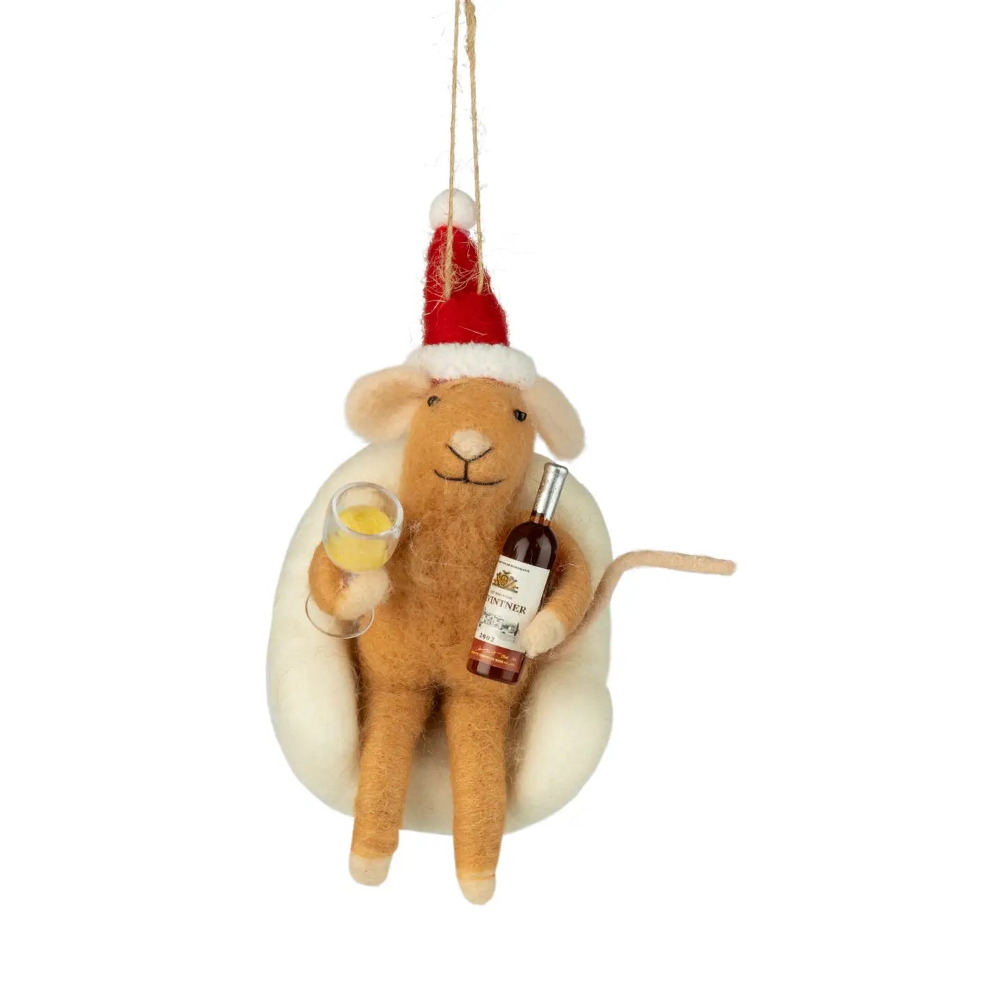 F36 - Felt Mouse In White Fluffy Chair Holding A Bottle Of Wine And Glass Ornament