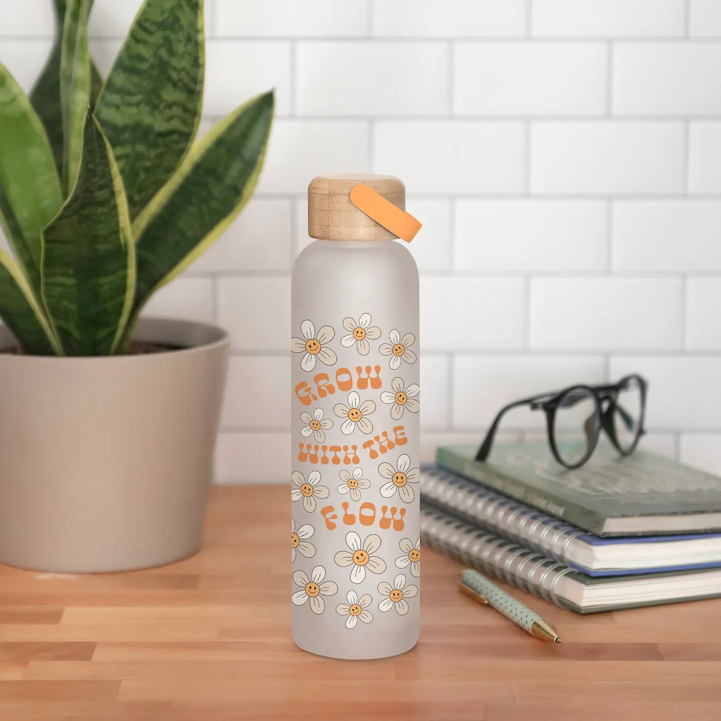 Grow with the Flow Glass Water Bottle with Bamboo