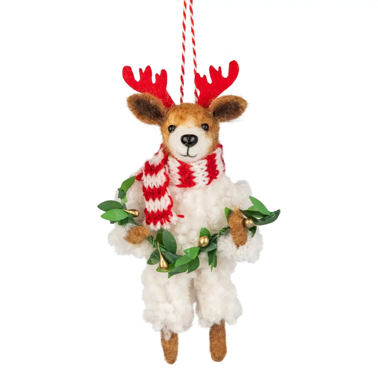 F91 - Felt Dog Holding Garland with Striped Scarf And Red Antlers Ornament