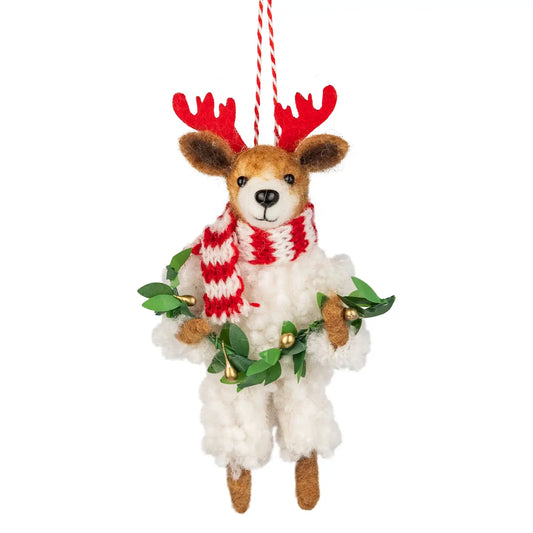 F91 - Felt Dog Holding Garland with Striped Scarf And Red Antlers Ornament