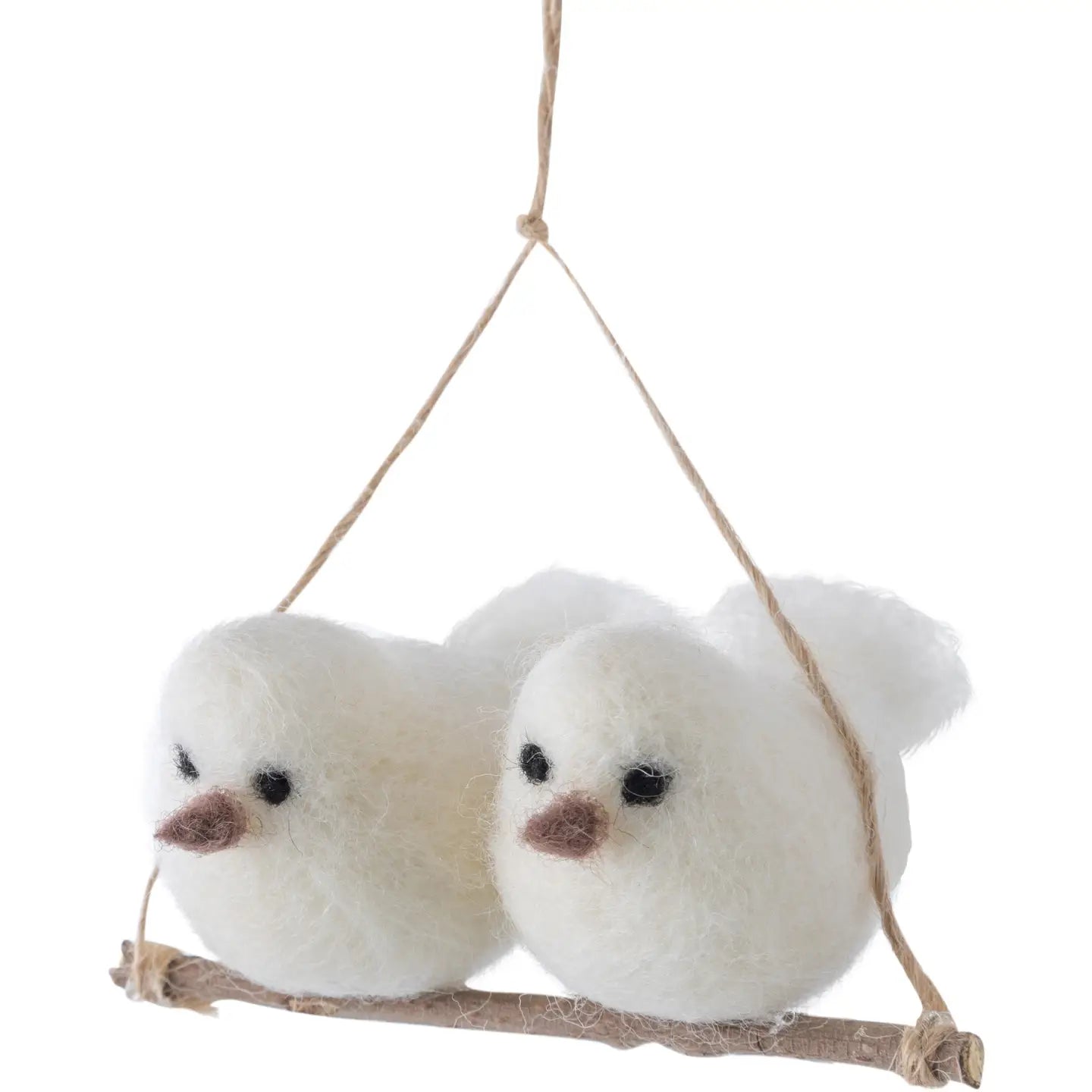 F102 - Felt Snowy White Birds On A Hanging Branch Ornament