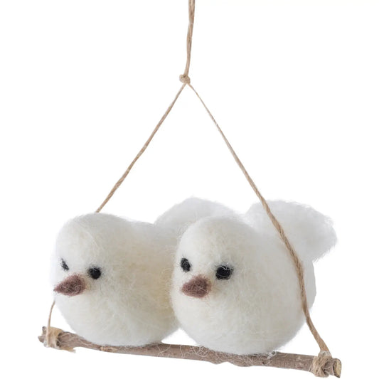 F102 - Felt Snowy White Birds On A Hanging Branch Ornament