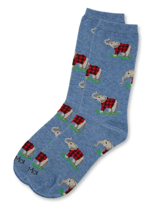 Women's Bamboo Crew Socks Med Denim Heather Elephants In Plaid