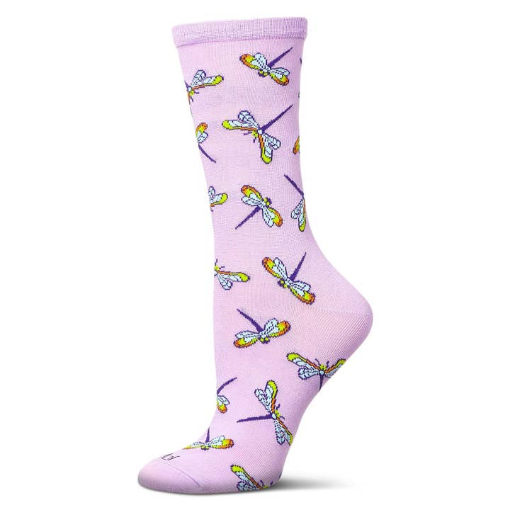 Women's Bamboo Crew Socks Lavender Drangonflies