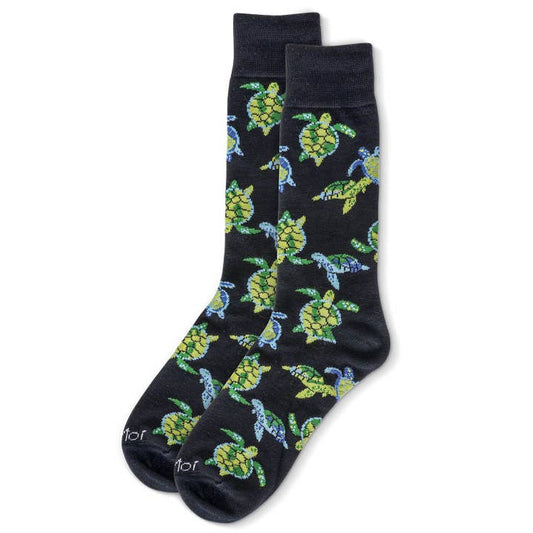 Men's Bamboo Crew Socks Navy Sea Turtles