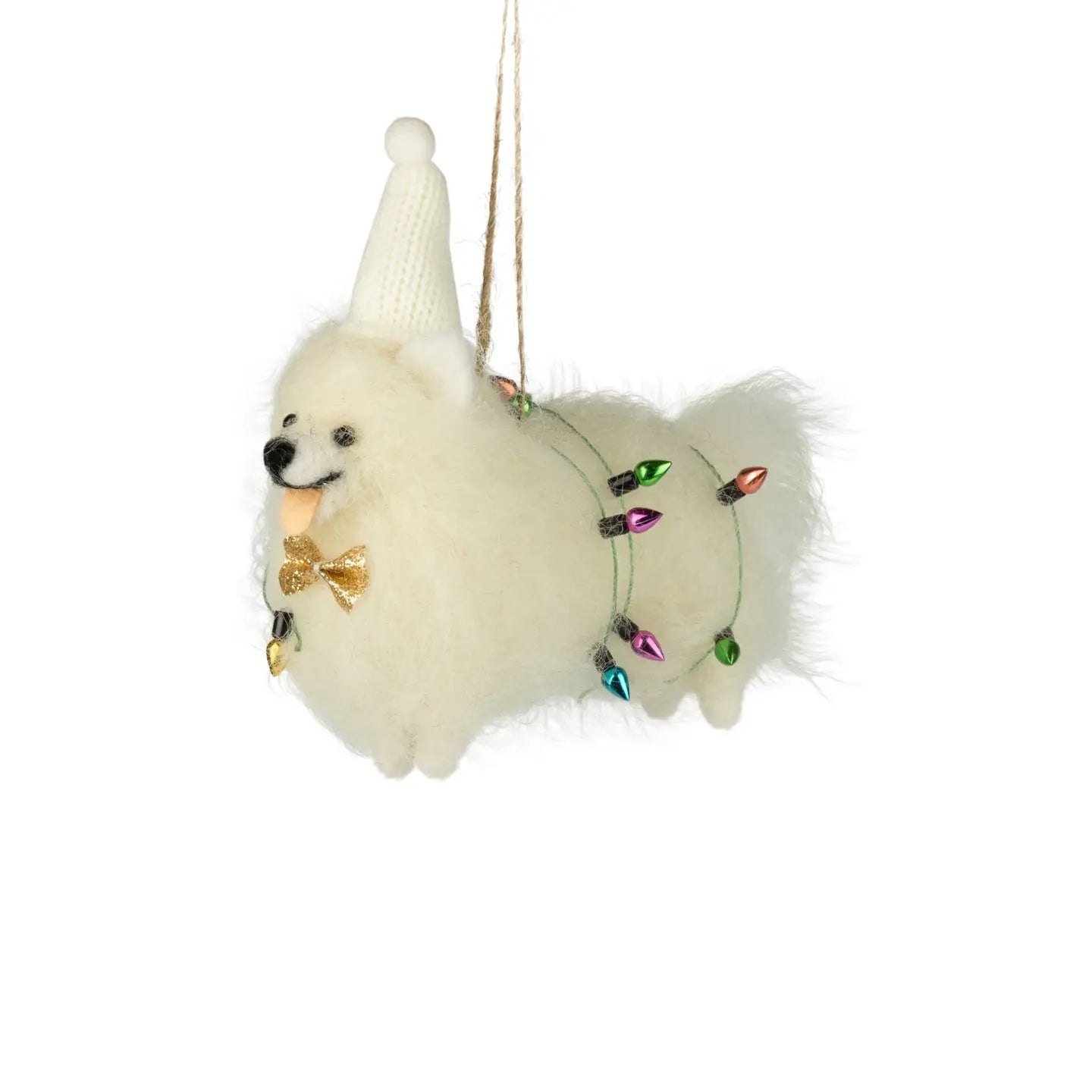F62 - Felt White Standing Dog Wrapped In Colourful Xmas Lights Ornament
