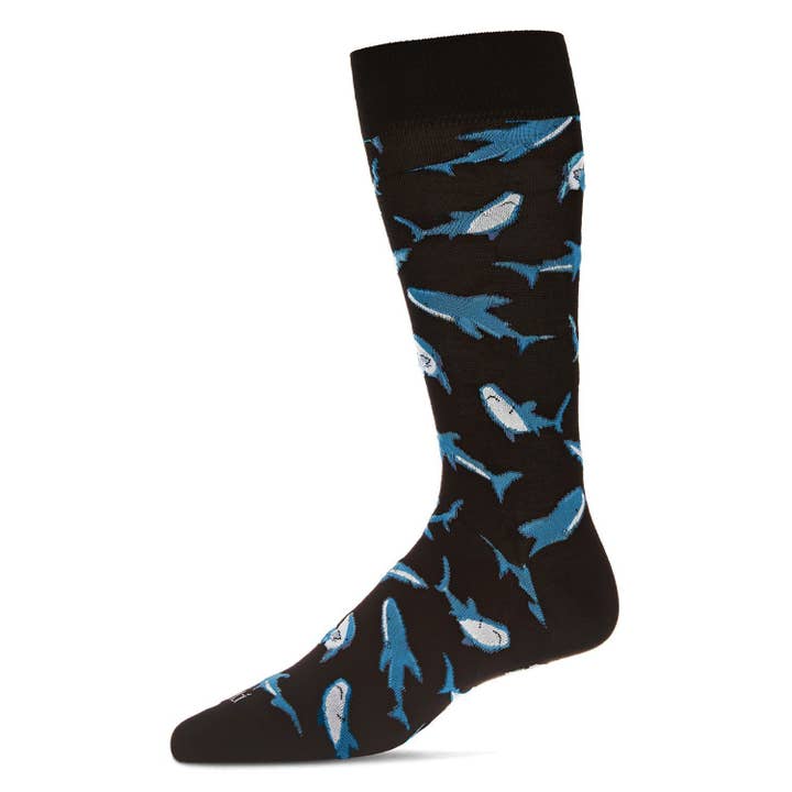 Men's Bamboo Crew Socks Black Shark Attack