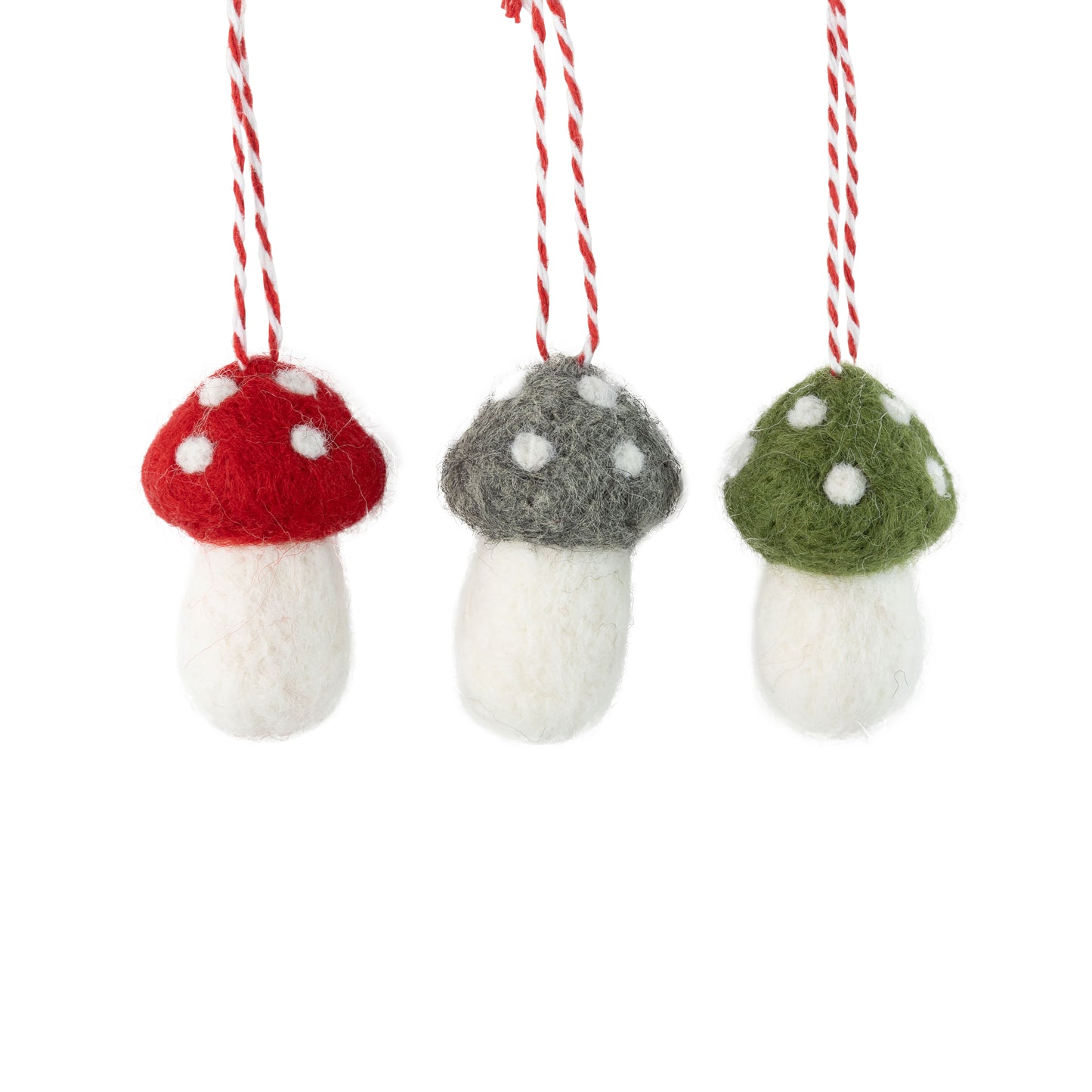Felt Mushroom Ornaments In Red, Grey + Green