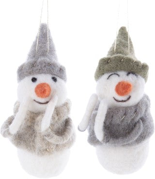 Winter White Felt Snowmen With Gnome Hats Ornaments