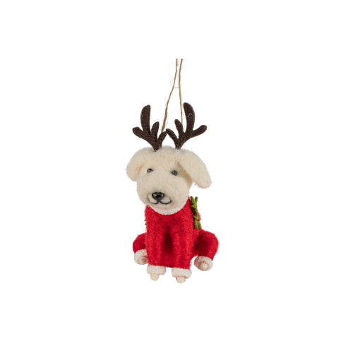 F63 - Felt Baby White Puppy With Antlers In Red Sweater Ornament