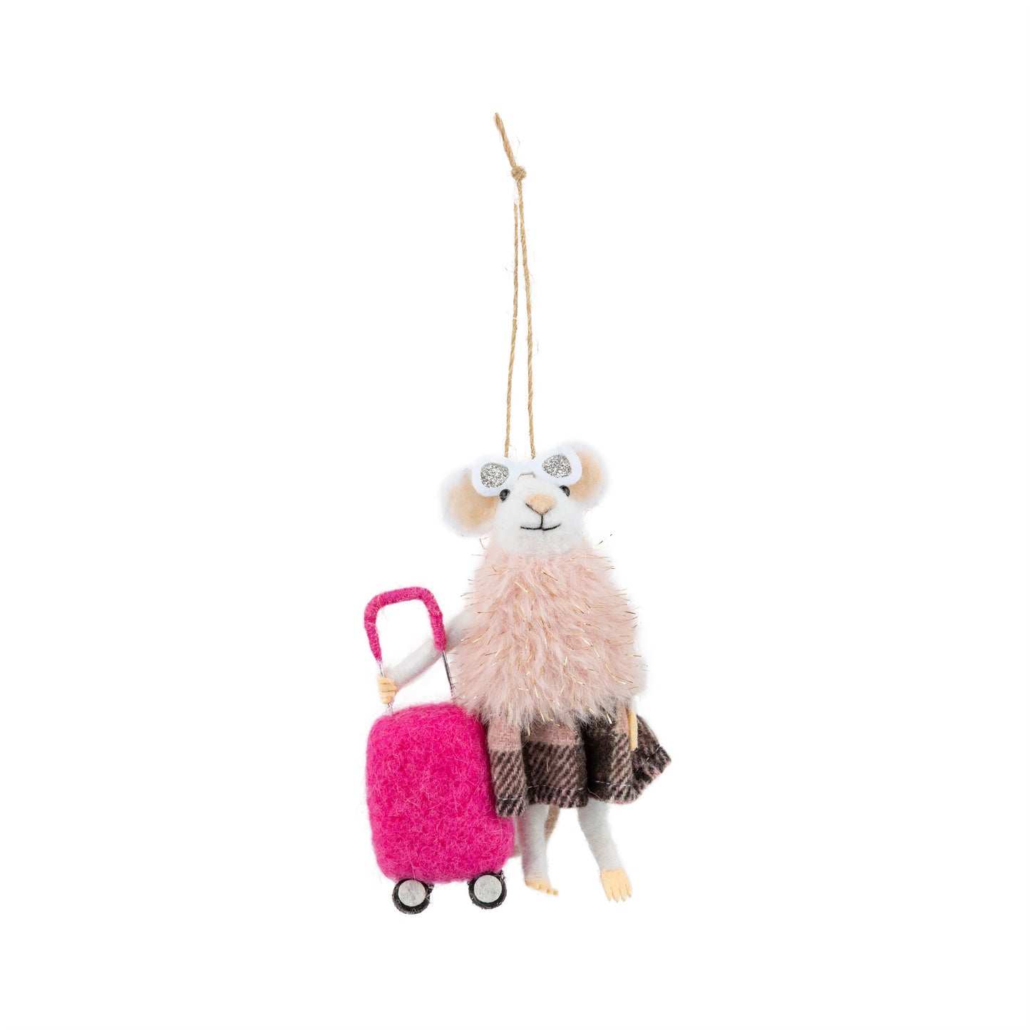 F2 - Felt Mouse With Sunglasses Ornament In A Fur Coat Holding A Pink Suitcase