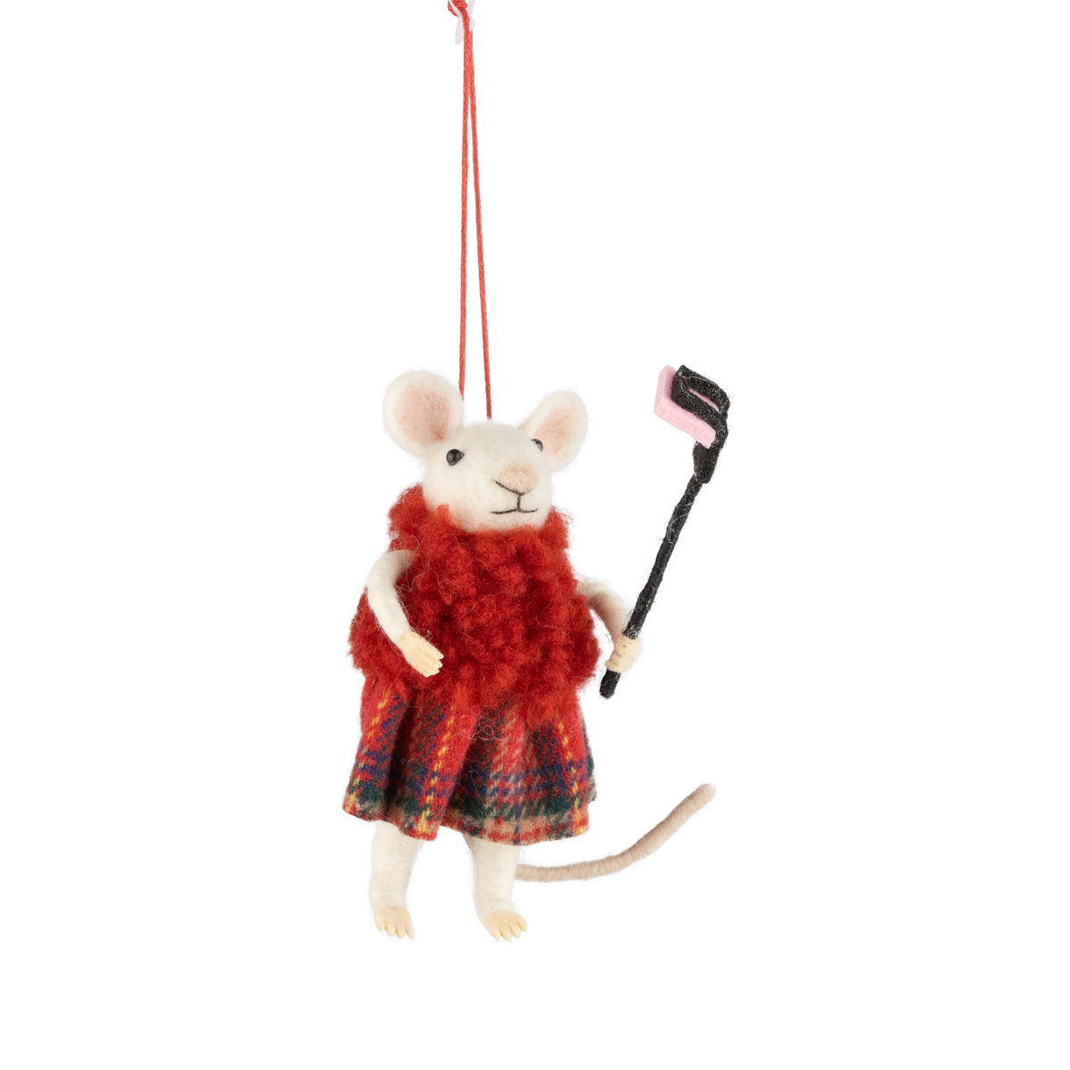 Felt Mouse In Plaid Skirt Fluffy Coat w/ Selfie Stick Ornament