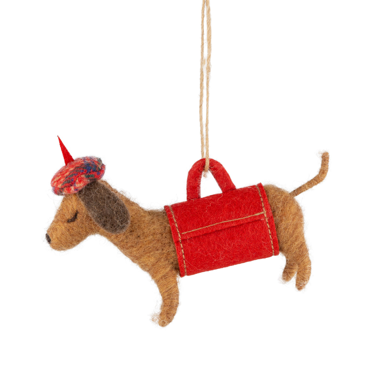 F126 - Felt Dachshund In a Red Carrier Ornament