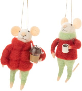 F31 - Felt Mouse with Coffee Cup or Boba Ornament