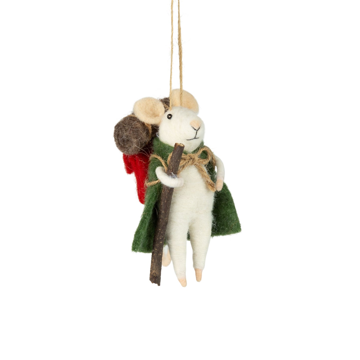 F23 - Felt Hiking Mouse Ornament, With Green Backpack And Walking Stick