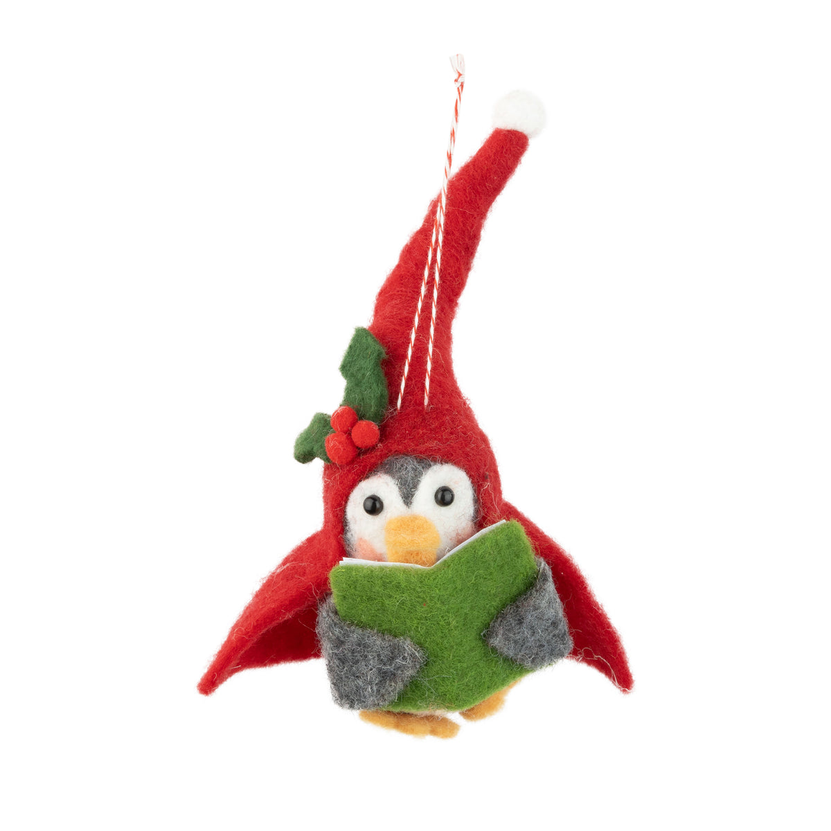 Felt Penguin Santa Hat Holding Green Book Ornament