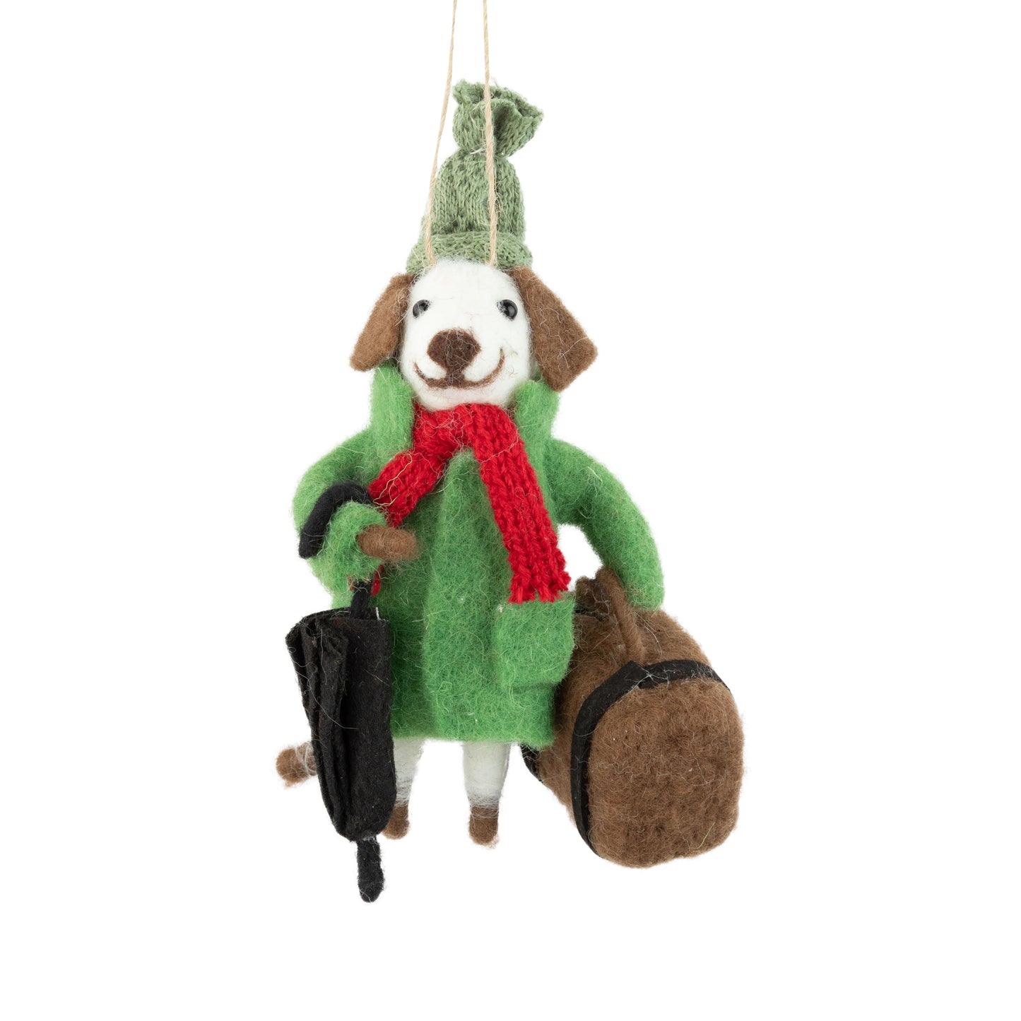 F77 - Felt Dog Ornament In Green Outfit With Umbrella + Brown Bag