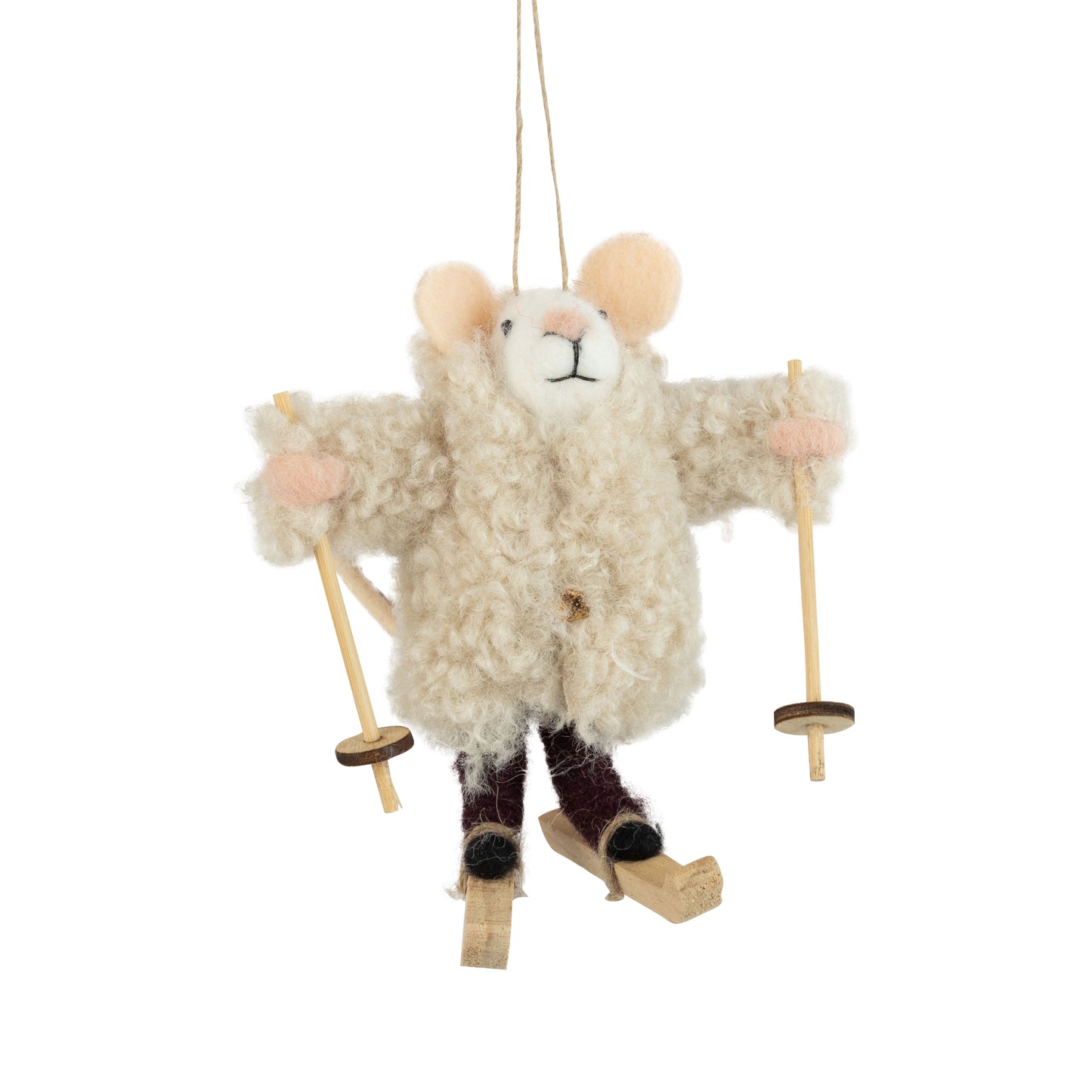 F35 - Felt Mouse Ornament In Boucle Coat With Skis