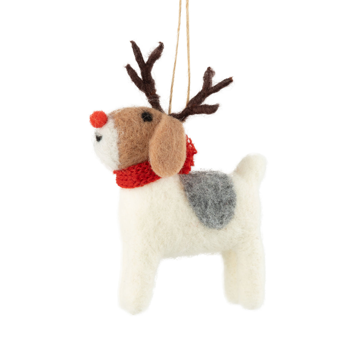 Felt Standing White Dog With Antlers Ornament