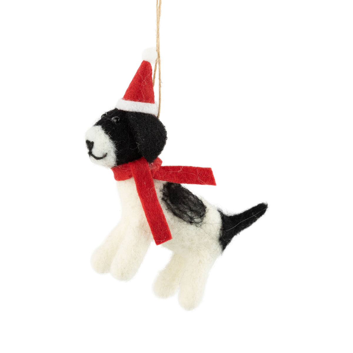 Felt White + Black Dog with Santa Hat + Red Scarf Ornament