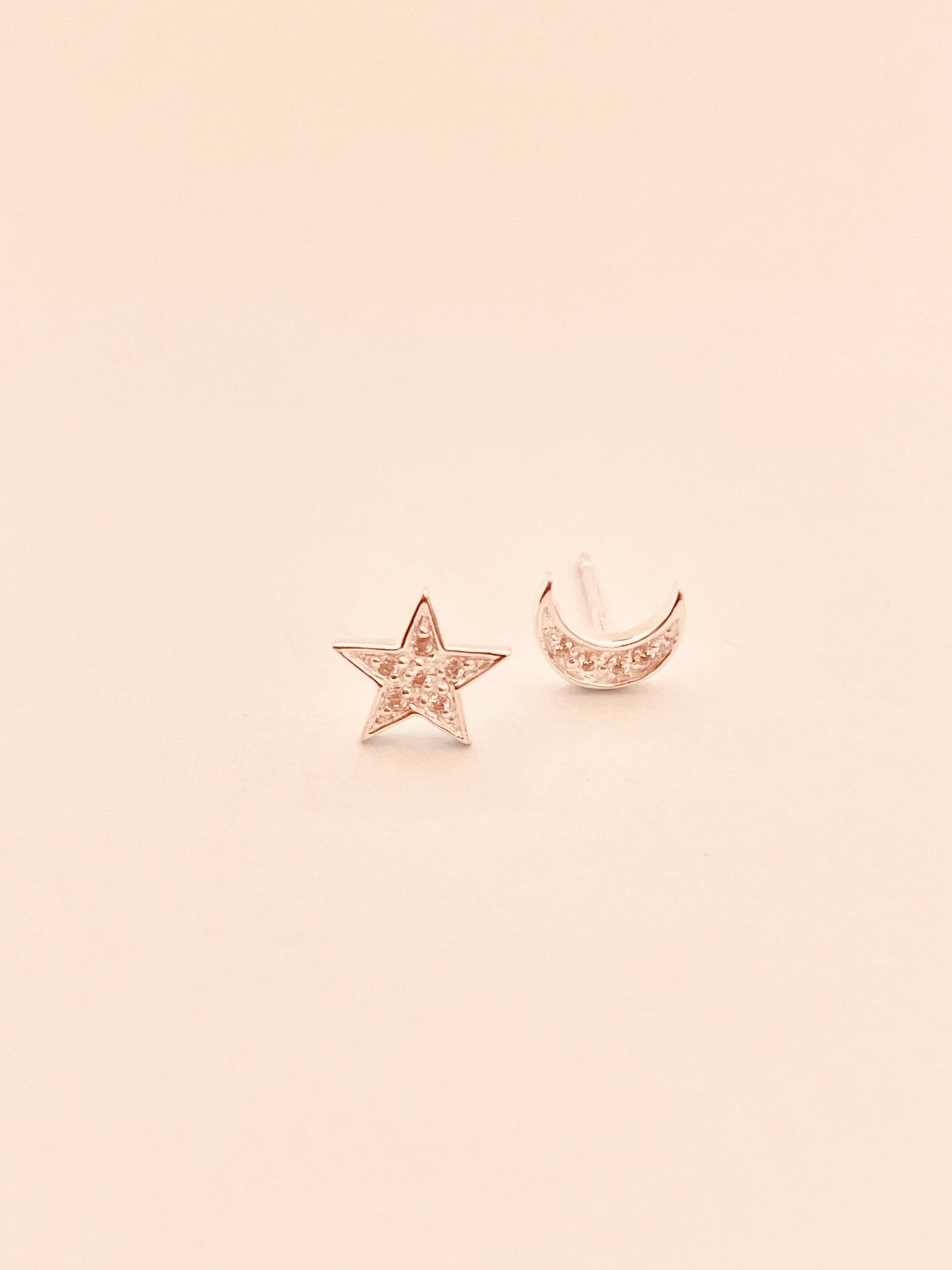 CZ Pave Moon and Star Stud Polished Sterling Silver Earrings