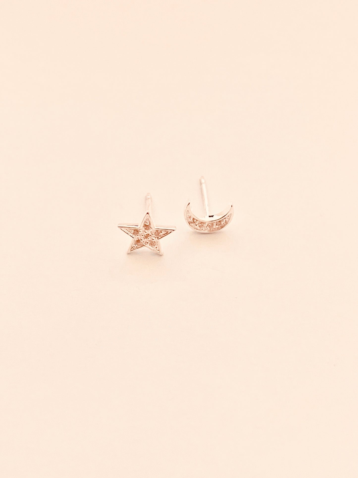 CZ Pave Moon and Star Stud Polished Sterling Silver Earrings