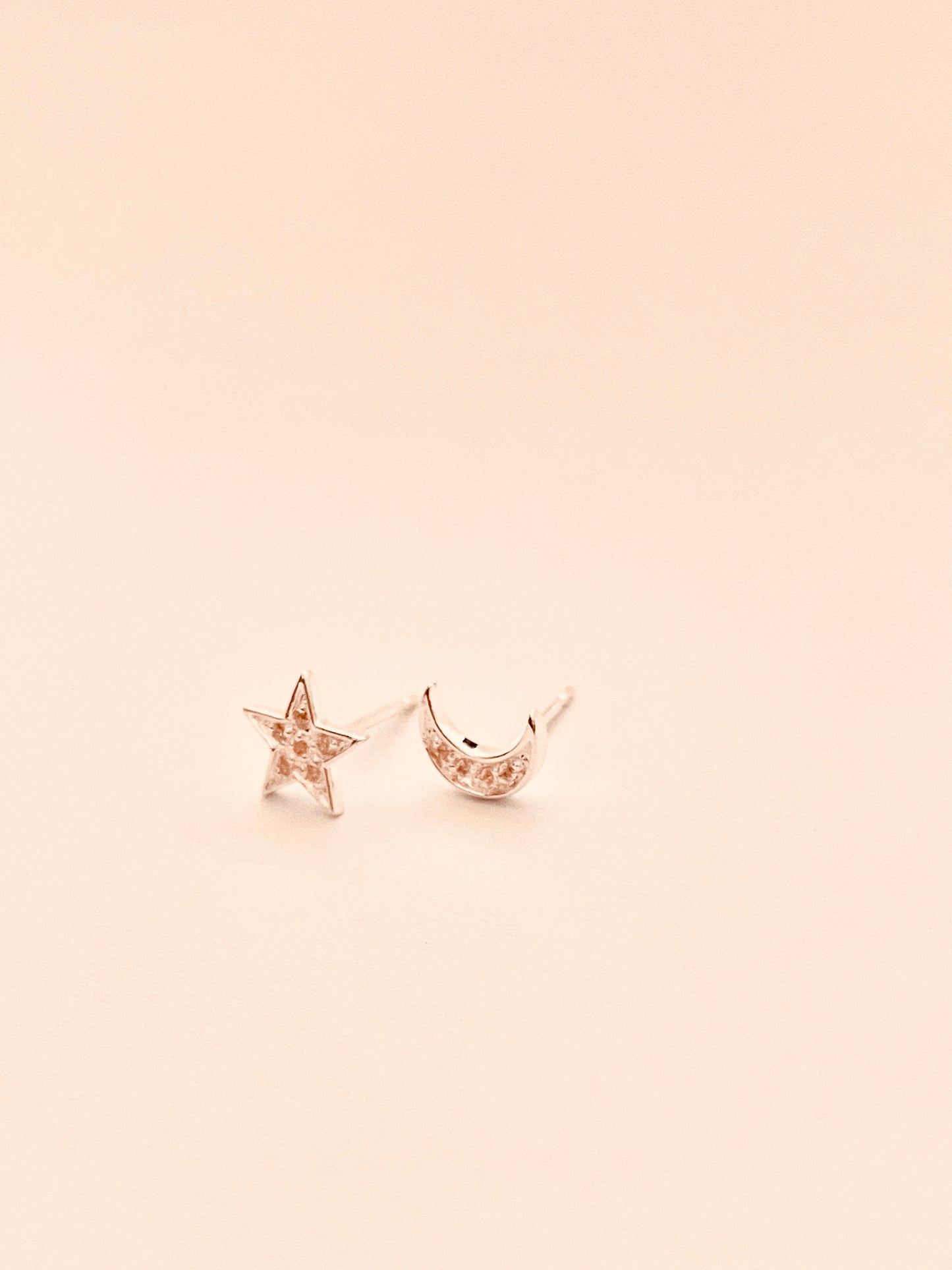 CZ Pave Moon and Star Stud Polished Sterling Silver Earrings
