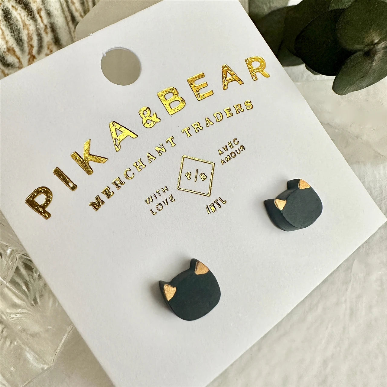 Mew Porcelain Cat Face Stud Earrings Black