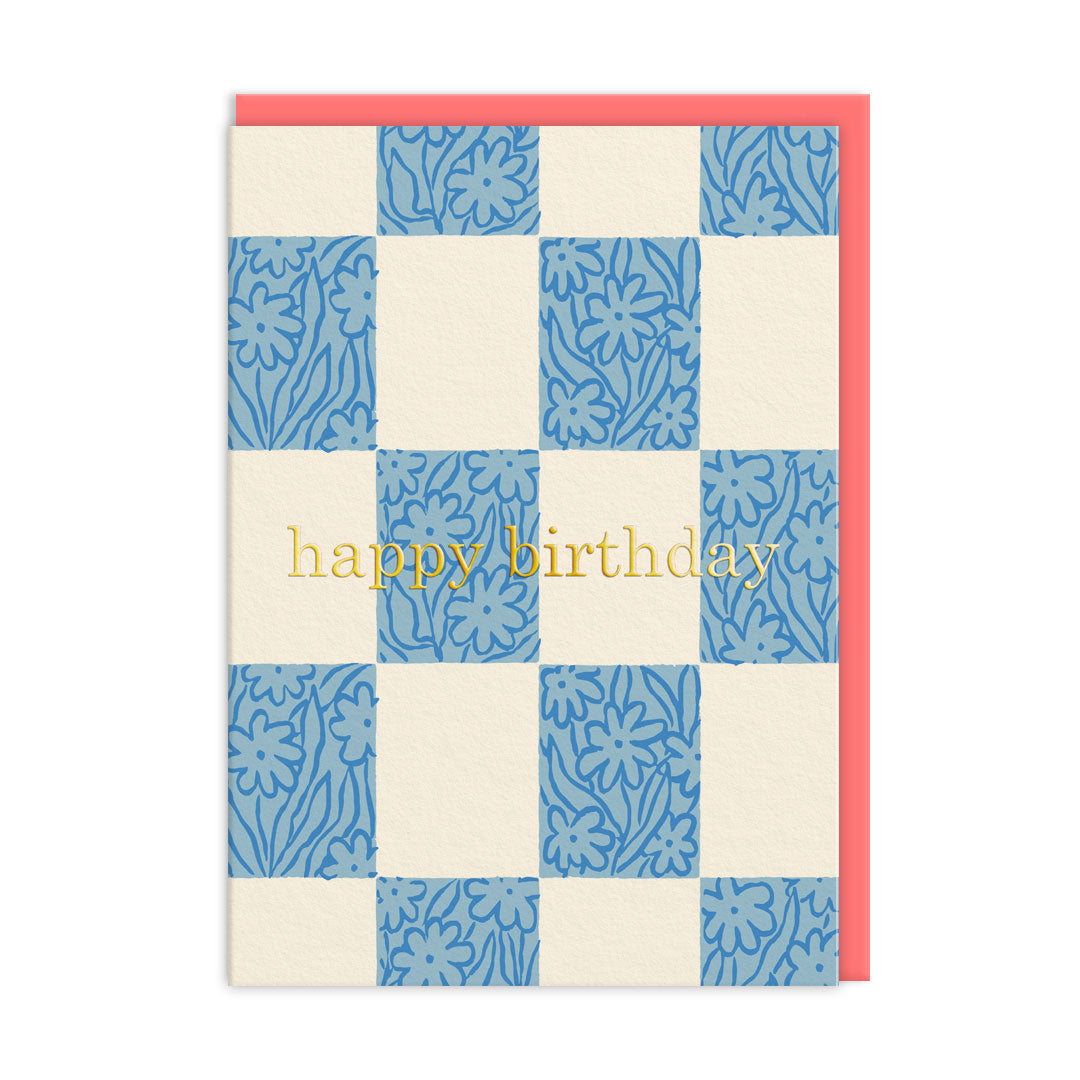 Checker-floral Happy Birthday Card