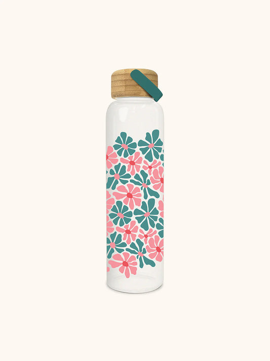 Daisy Maze  Glass Water Bottle with Bamboo
