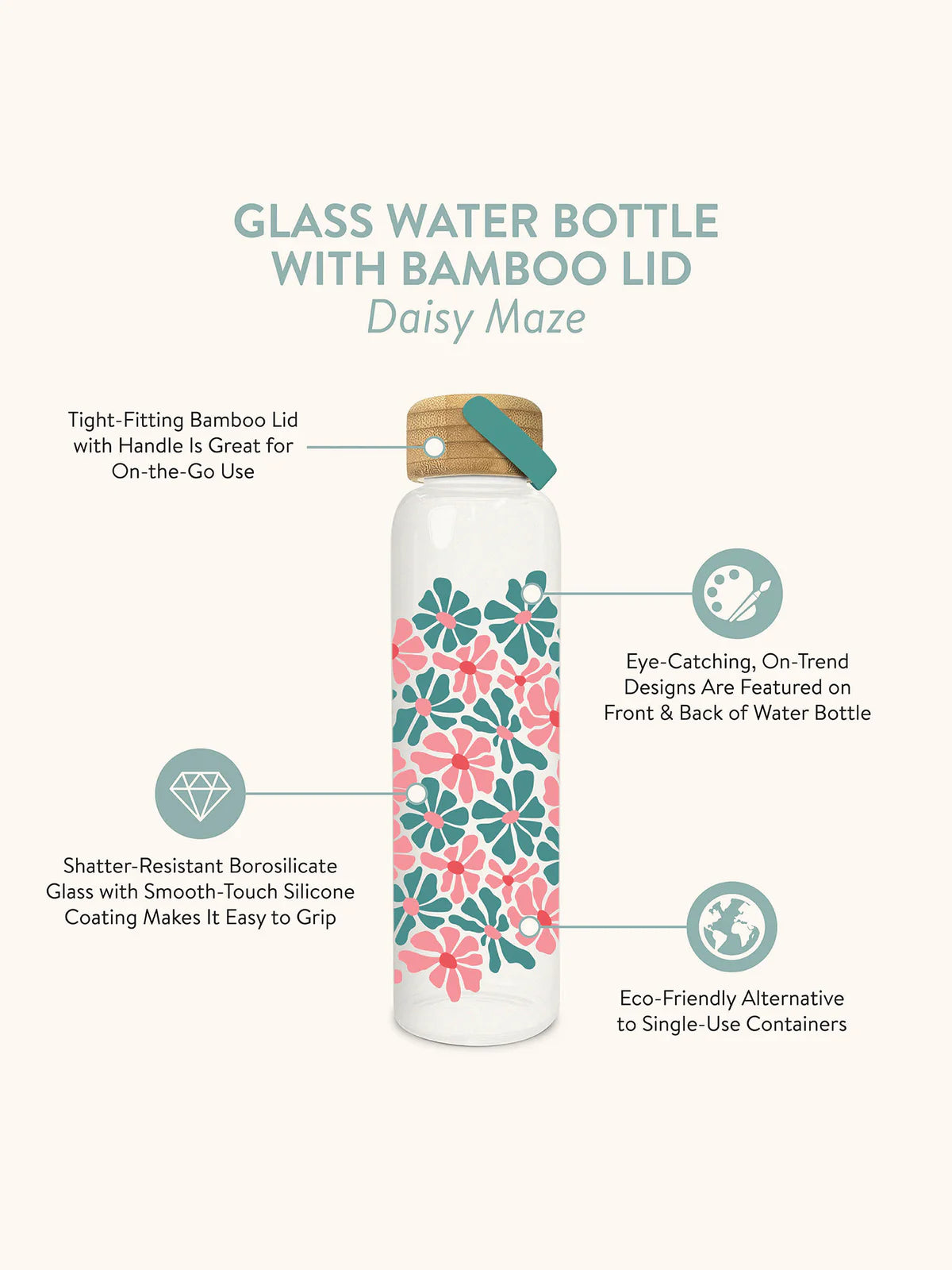 Daisy Maze Glass Water Bottle with Bamboo
