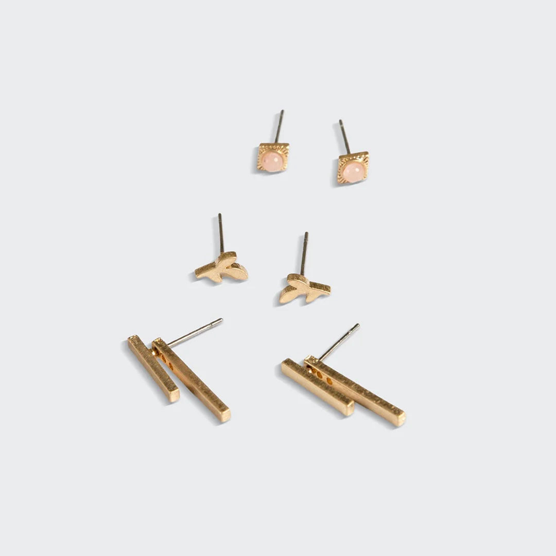 Stud Trio Ear Jacket Set Leaf Rose Quartz Gold