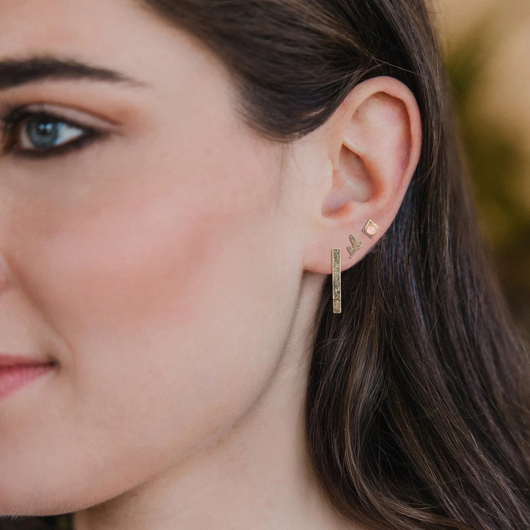Stud Trio Ear Jacket Set Leaf Rose Quartz Gold