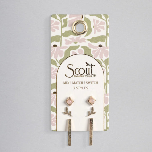 Stud Trio Ear Jacket Set Leaf Rose Quartz Gold