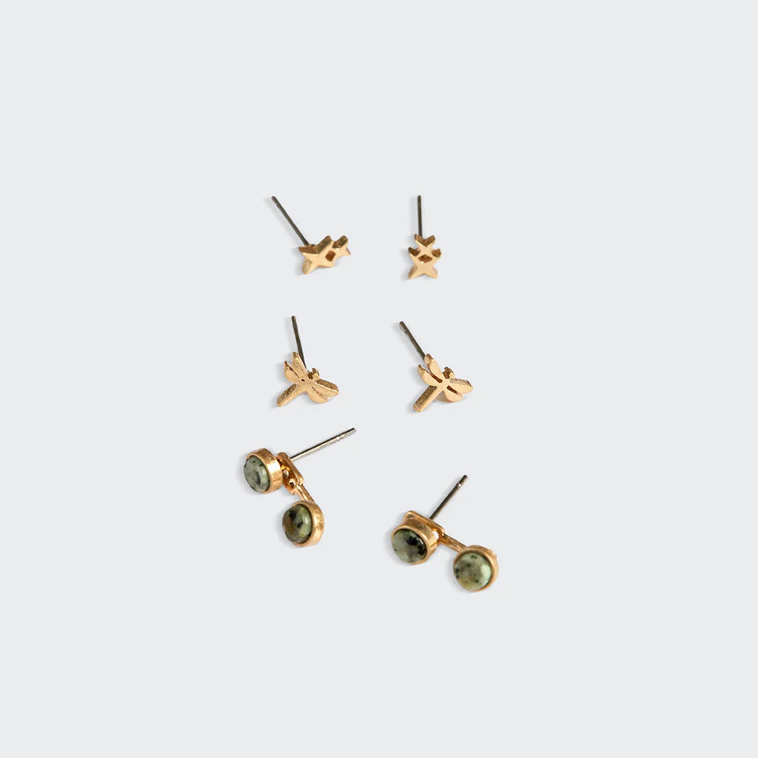 Stud Trio Ear Jacket Set Dragonfly Africa Turquoise Gold